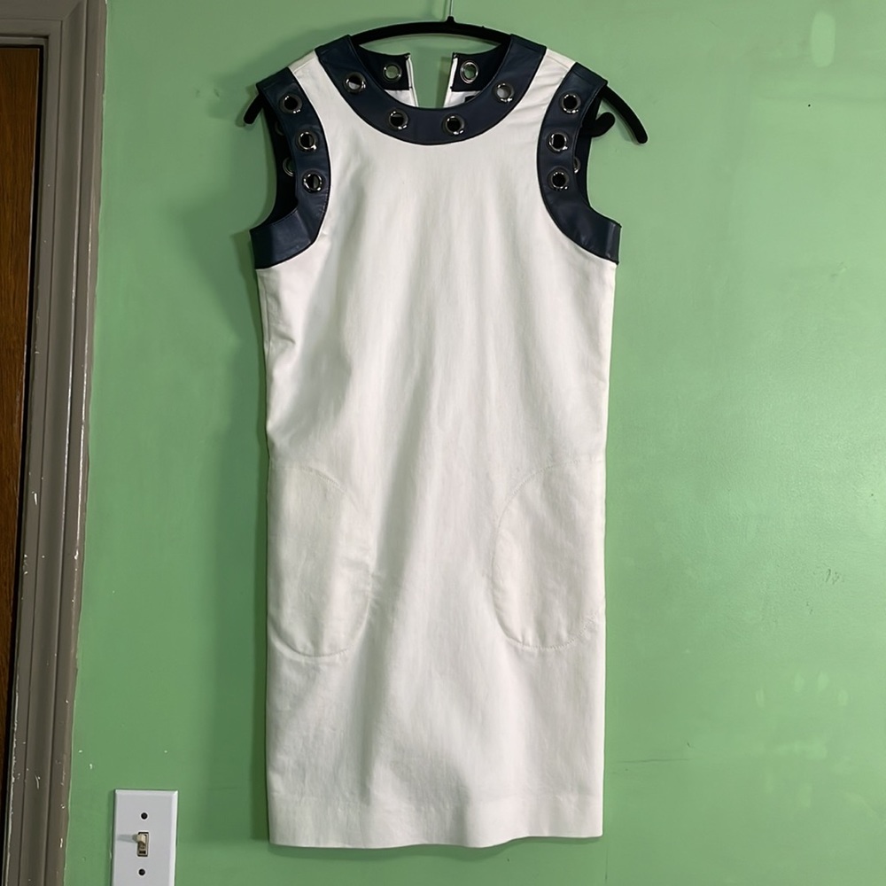 Size 0 W by Worth white dress with navy blue pu leather detail